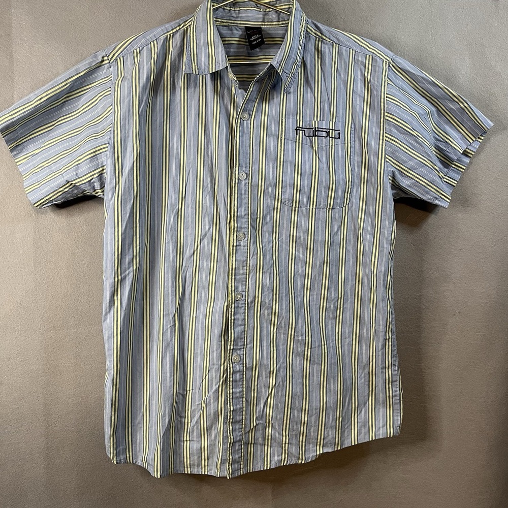 FUBU Cotton Striped Button-Up Shirt Blue Yellow Short Sleeve 16/18 Y2K vintage